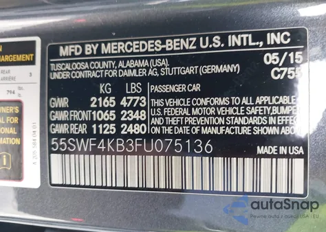 2015 Mercedes-Benz C 300 4Matic from USA, damaged, VIN 55SWF4KB3FU075136